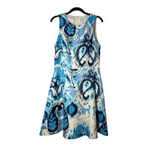 Donna Morgan Sleeveless Fit Flare Dress Knee Length Blue Batik Print 8 Pockets